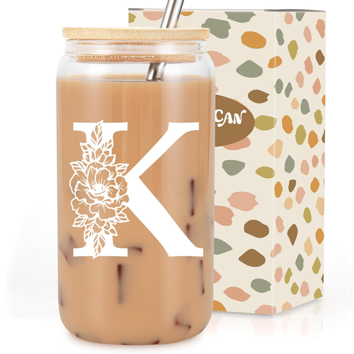 Coolife Initial Glass Cup, Monogrammed Gifts for Women, 16 oz Tumbler w/Lid