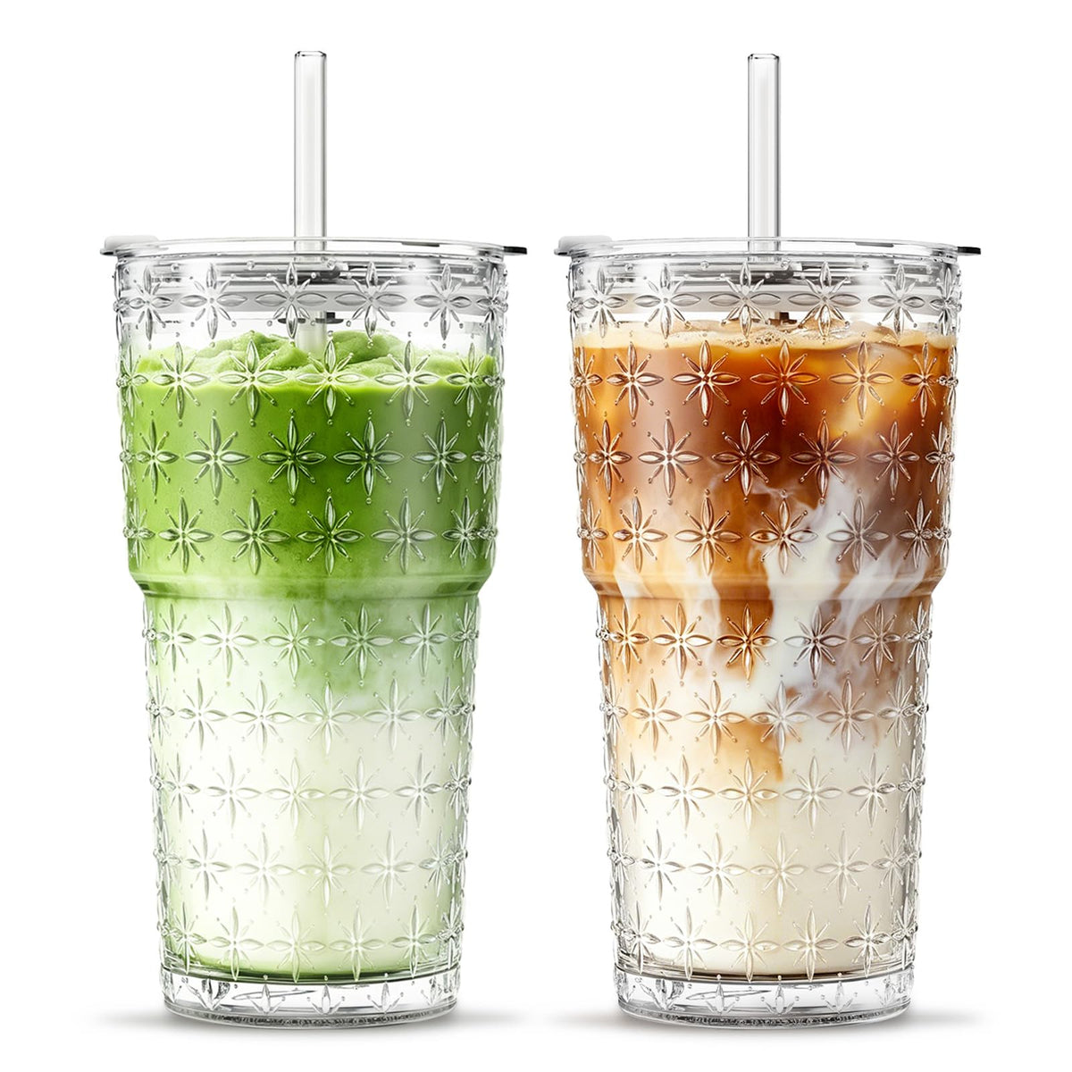 INSETLAN 20 oz Iced Coffee Cups with Lids and Straw, Set of 4 Glass Tumbler
