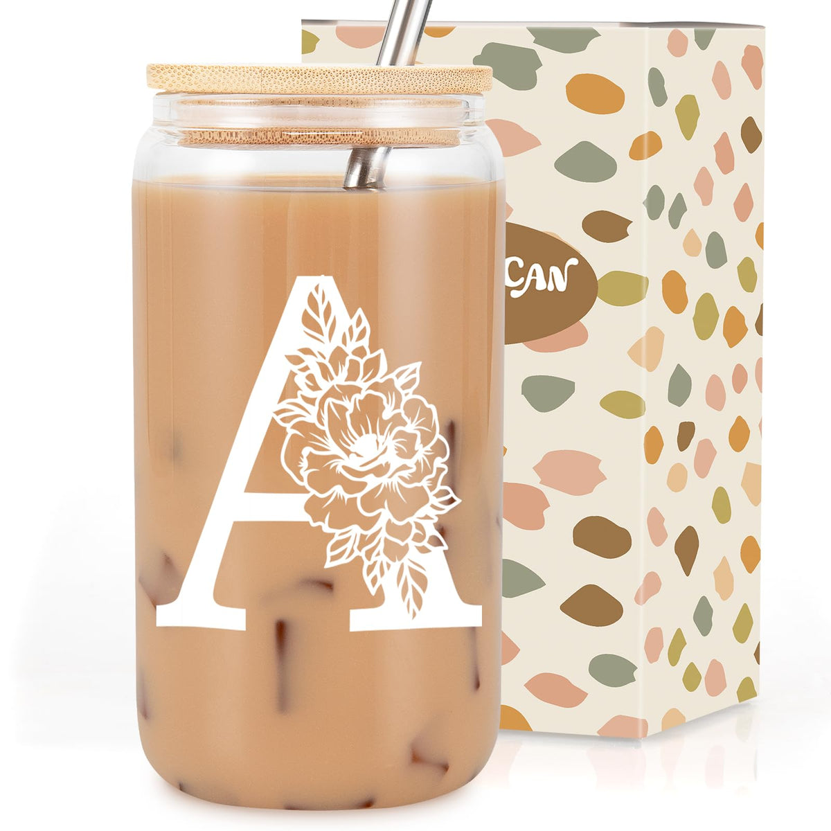 Coolife Initial Glass Cup, Monogrammed Gifts for Women, 16 oz Tumbler w/Lid