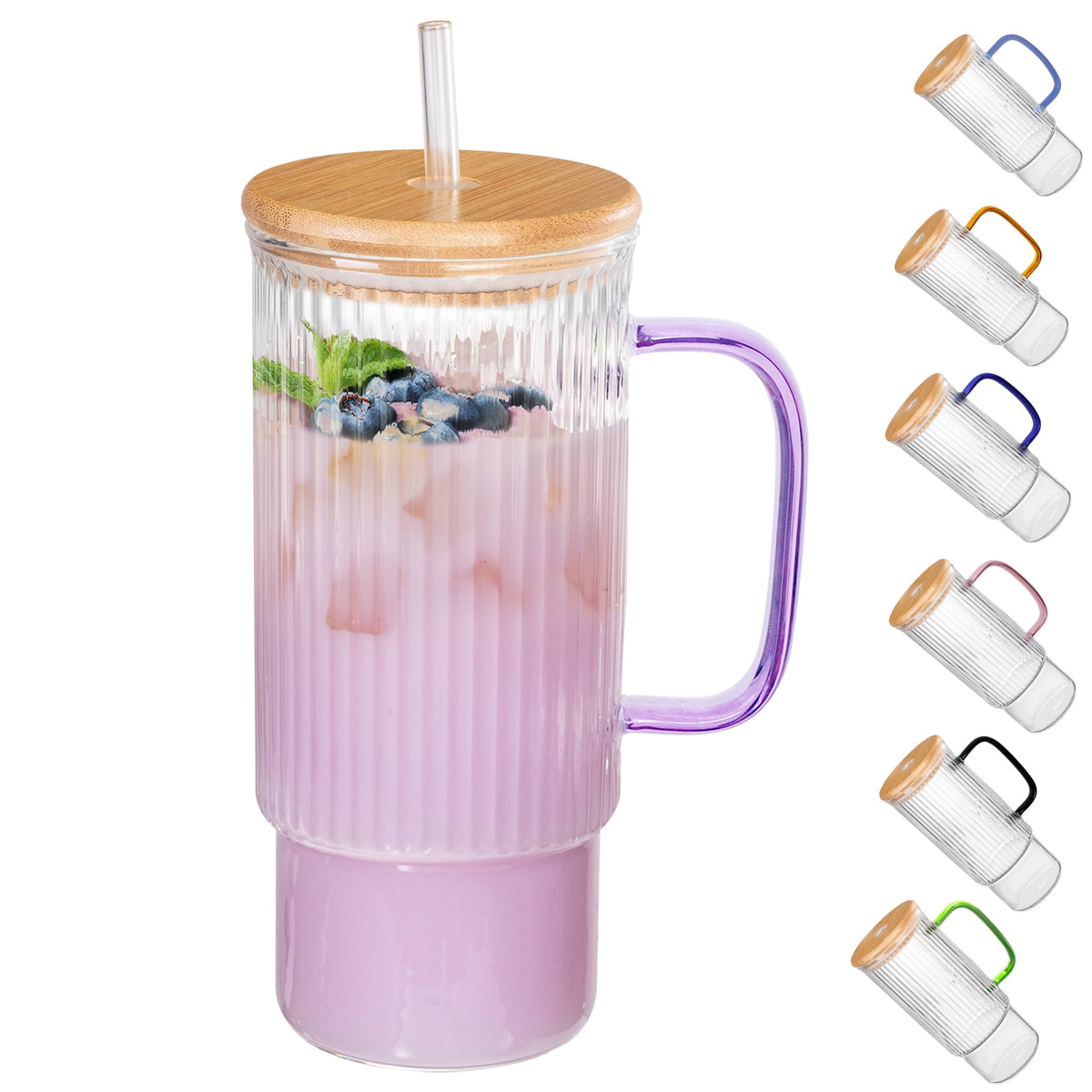 32oz Ribbed Glass Cup with Handle Bamboo Lid and Straw, Glass Tumbler, Iced Coffee Cups Hot/Cold Drinks