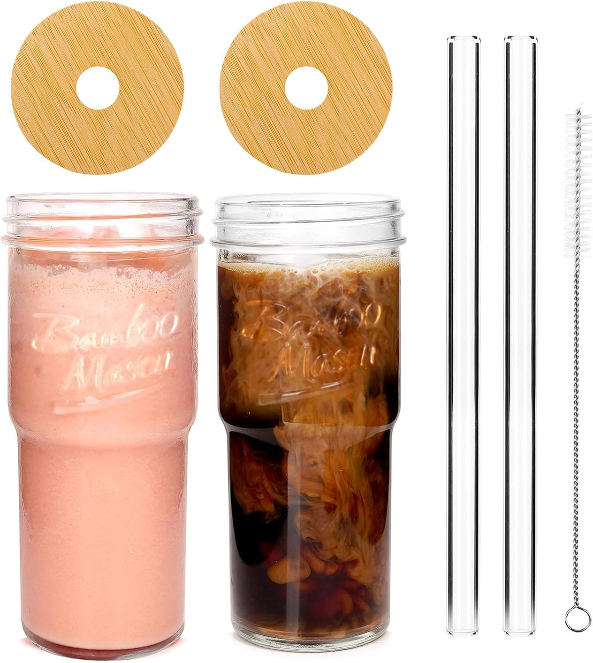 ANOTION Glass Cups With Lids And Straws, Leakproof Tumbler 24oz Mason Jar Coffee Cup, Cap Cup Leak-Proof with Straw, Reusable Iced Coffee Smoothie Matcha Cup Aesthetic Coffee Gifts Women 2pc