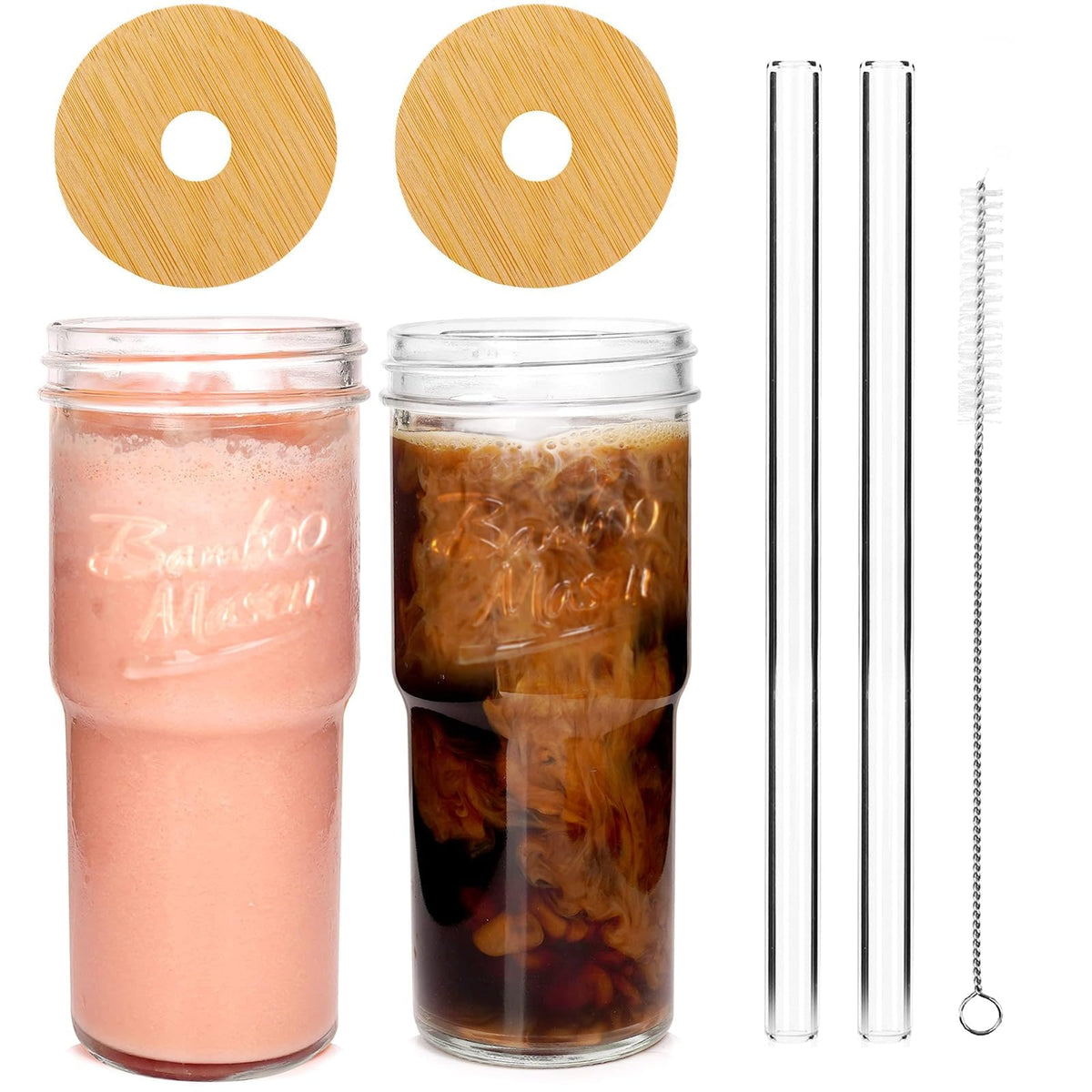 ANOTION Glass Cups With Lids And Straws, Leakproof Tumbler 24oz Mason Jar Coffee Cup, Cap Cup Leak-Proof, Silicone Straw, Reusable Iced Coffee Smoothie Matcha Cup Aesthetic Coffee Gifts Women 2pc