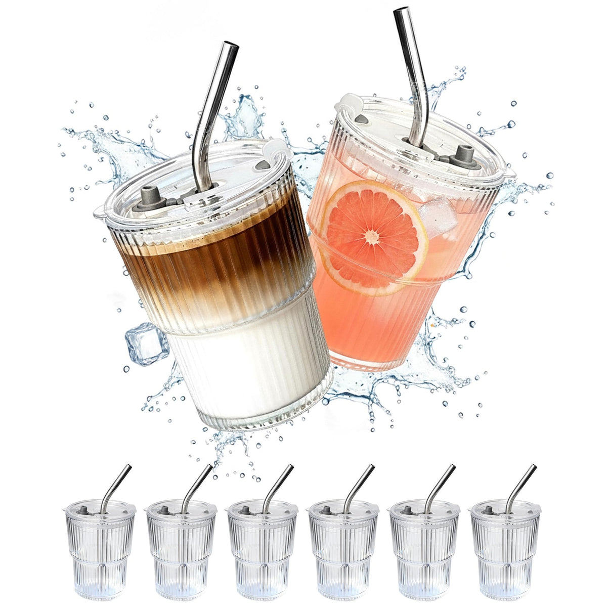 4 Packs Ribbed Glass Tumbler with Lid and Straw 13 oz Cute Ice Coffee Cup Set for Smoothie Juice Matcha Tea Latte Cappuccino Espresso Hot Coffe Water Reusable Clear Travel Boba Aesthetic Drinking Mug