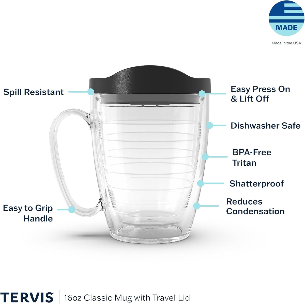 Tervis Clear & Colorful Lidded Made in USA Double Walled Insulated Tumbler Travel Cup Keeps Drinks Cold & Hot, 16oz Mug, Black Lid