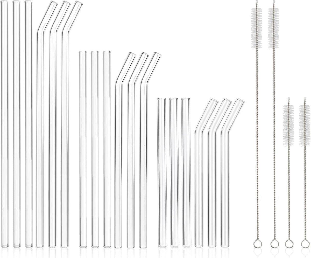 [22 Pcs] Reusable Glass Straws Shatter Resistant - 9 Straight and 9 Bent
