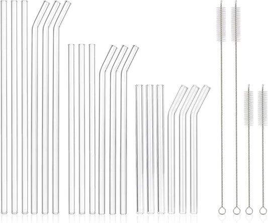 [22 Pcs] Reusable Glass Straws Shatter Resistant - 9 Straight and 9 Bent