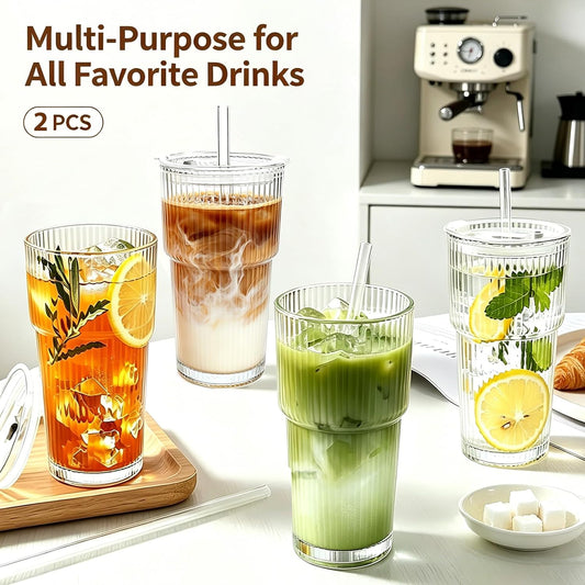 2PCS 20oz Glass Cups with Lids and Straws, Iced Coffee Cups with Lids, Stylish Ribbed Thick Drinking Glasses Tumbler for Juice, Smoothies, Cold Beverages, Cute Cup Gifts with Clean Brush
