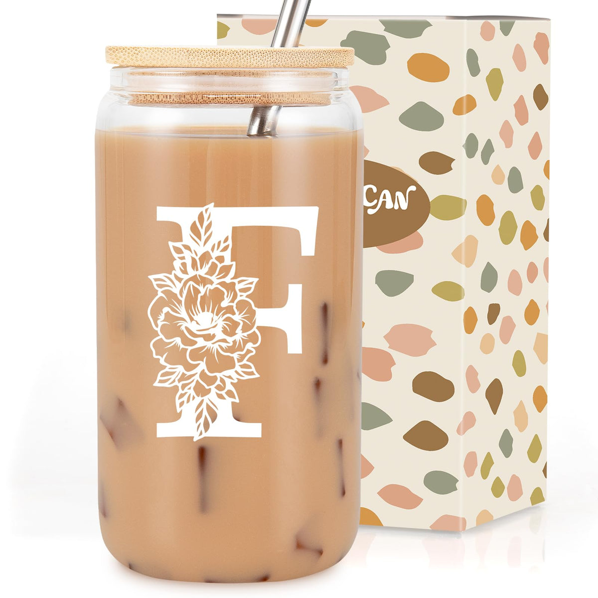 Coolife Initial Glass Cup, Monogrammed Gifts for Women, 16 oz Tumbler w/Lid