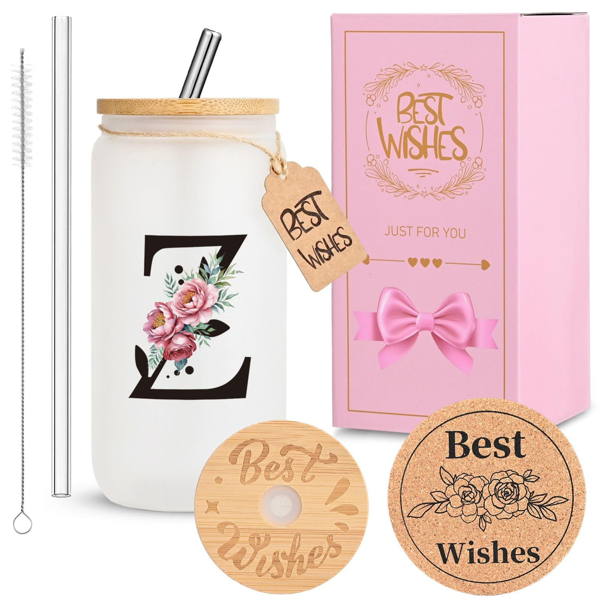 16oz Monogrammed Glass Tumbler, Frosted with Lid and Straw, Initial F