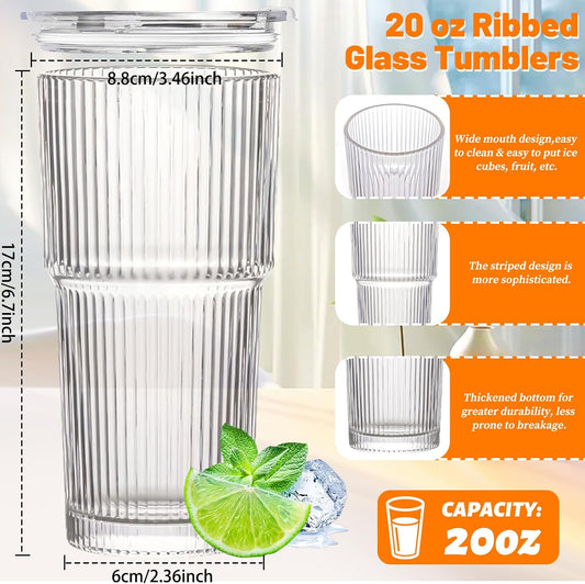 20oz Glass Tumblers with Lid and Straw, Ribbed Glass Iced Coffee Cup with Lid, Wide Mouth Thickened Vintage Glass Cup, Drinking Glasses Tumbler for Smoothieds, Cocktails, and Juices