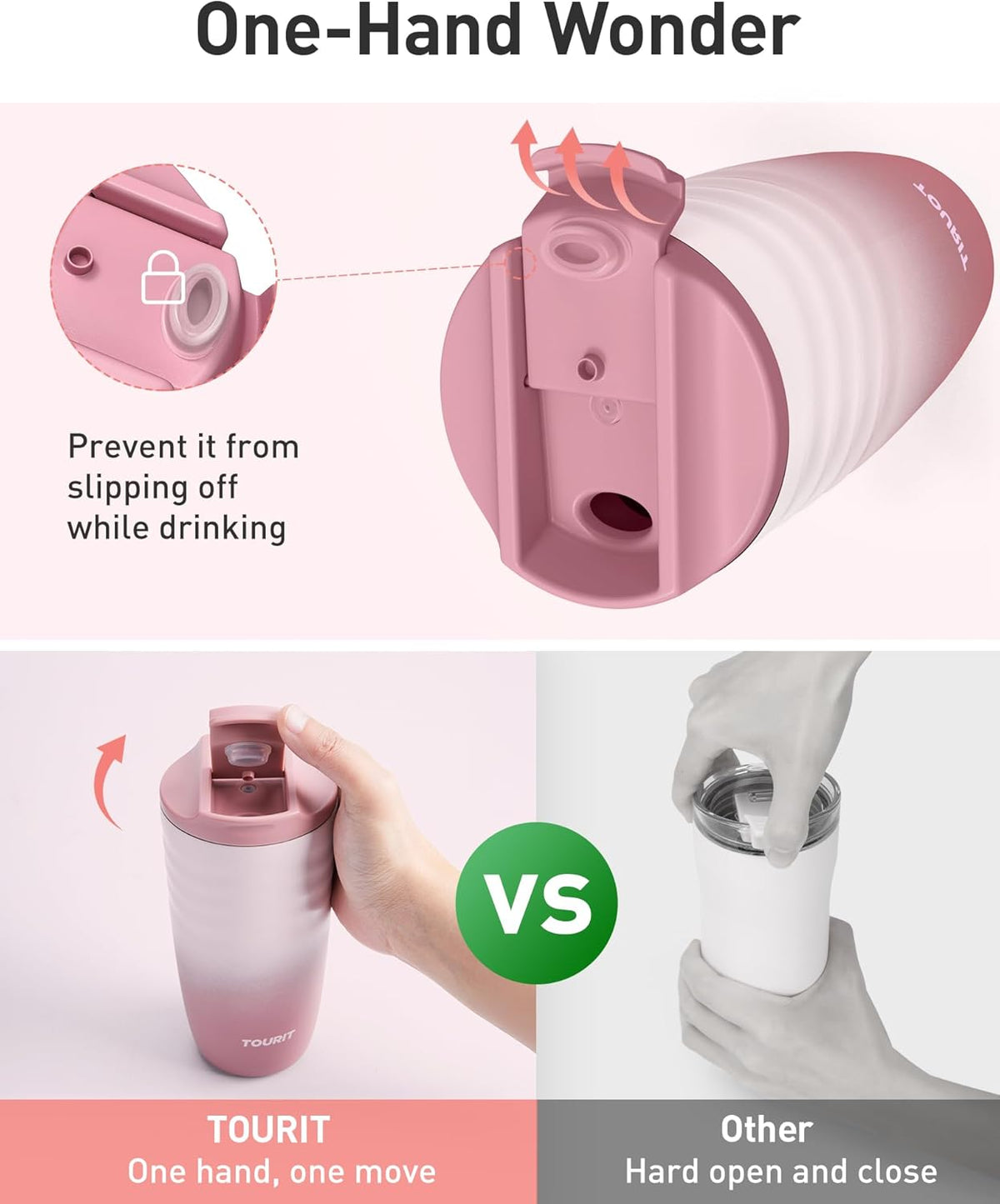 TOURIT 12 oz Travel Coffee Mug, Vacuum Insulated Stainless Steel Tumbler with Ripple-Wave Anti-Slip Grip, Built-in Silicone Bottom for Quiet & Stable, Leak-Proof Lid, Fits Car Cup Holder, Pink