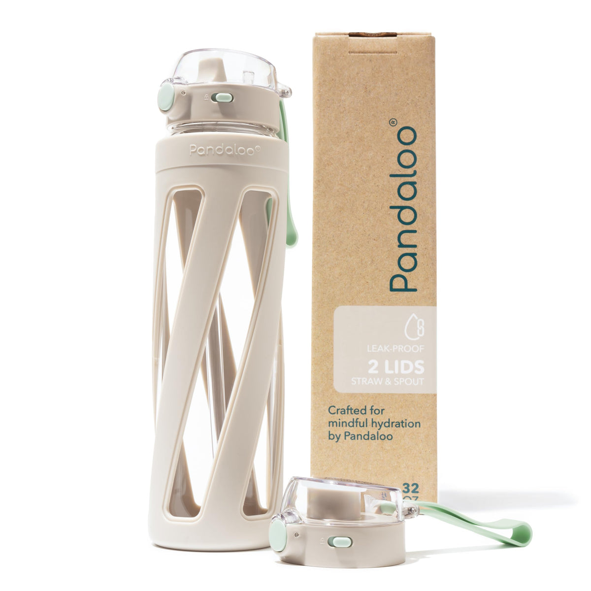 Pandaloo® Orbit 32 oz Glass Water Bottle with 2 Leak-Proof Lids (Straw & Spout), Wide Mouth, Borosilicate Glass, BPA-Free, Cup Holder Friendly for Gym, Work, Travel & Daily Hydration - Sage