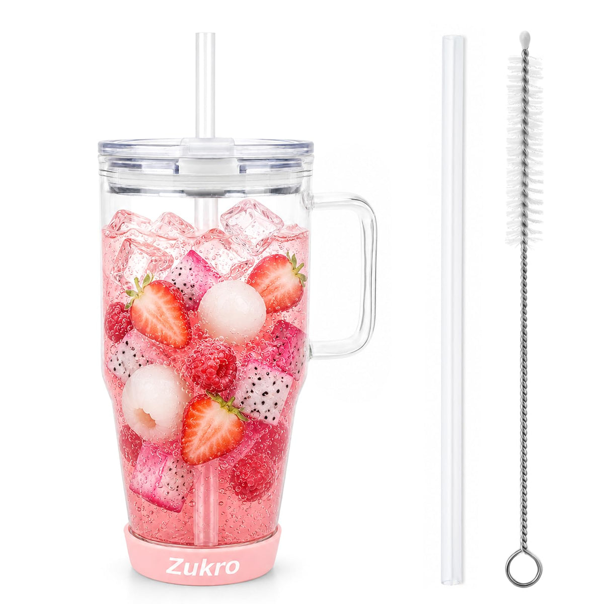 Zukro 32 oz Glass Water Tumbler with Handle & Straw, 2-in-1 Leak Proof Lid