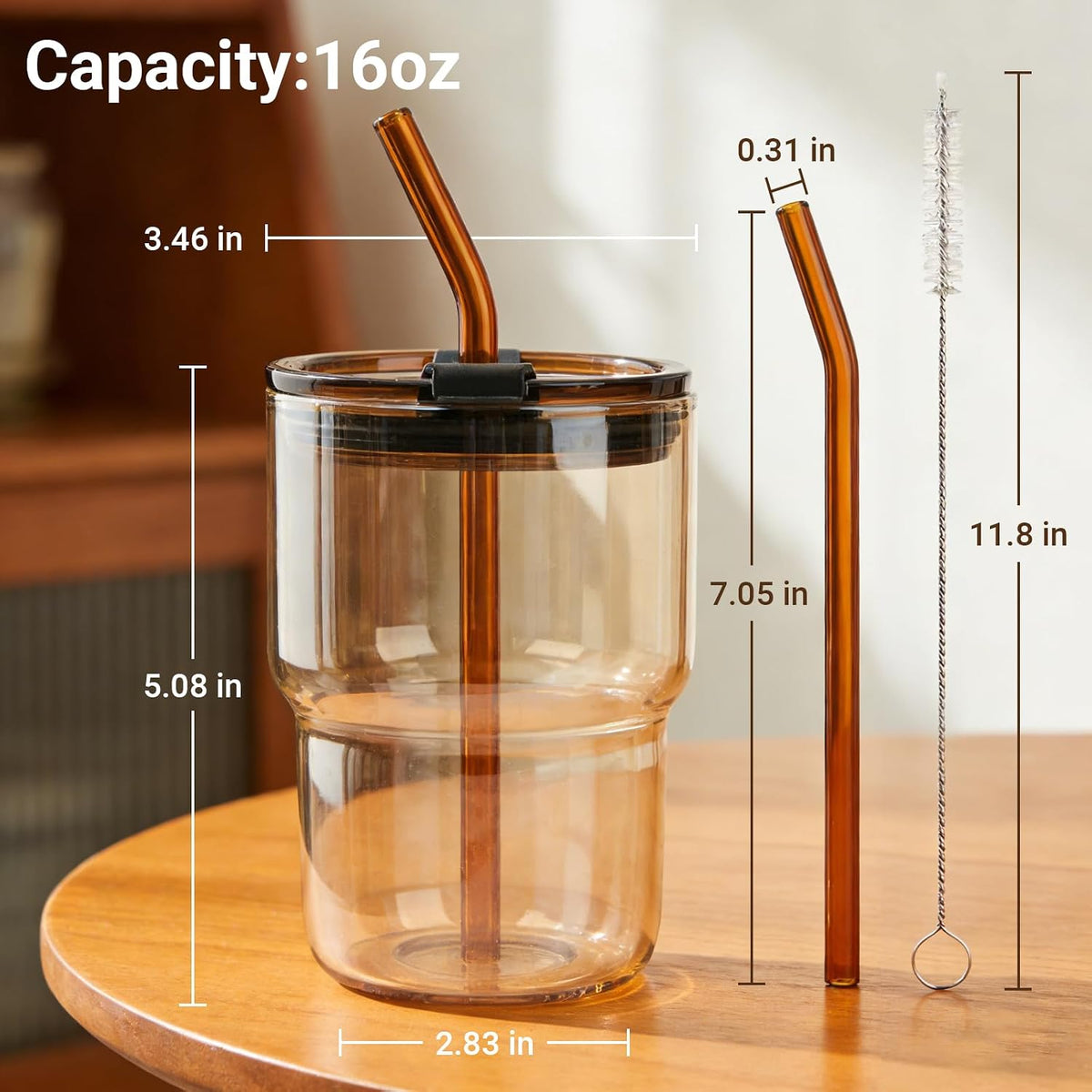 Luxfuel 16 oz Glass Cups with Lids and Straws Reusable Iced Coffee Tumbler