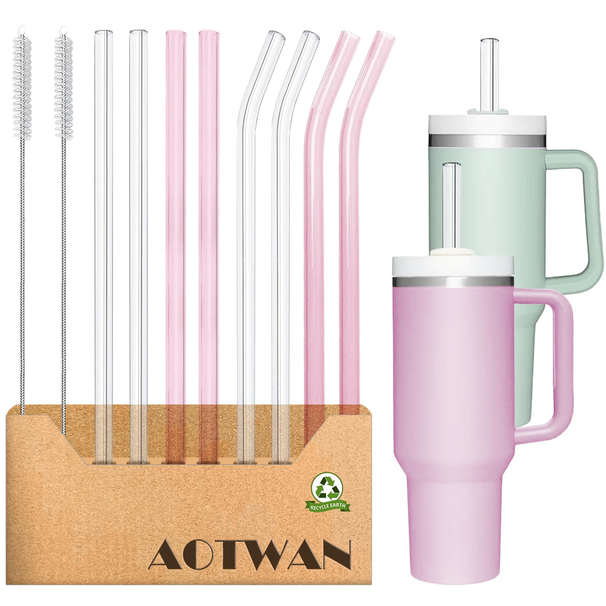 AOTWAN Glass Straws for Stanley 8pcs 40/30 oz Tumbler,12inch Replacement Straw for Stanley 4 Straight and 4 Bent with 2 Brushesh,Reusable Glass Straws for Stanley Cup