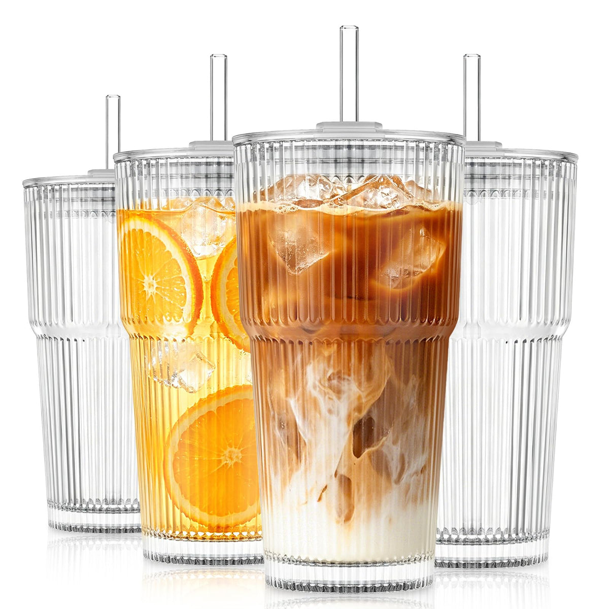 KEMORELA 20oz Ribbed Glass Tumblers with Lids and Straws,Iced Coffee Cups