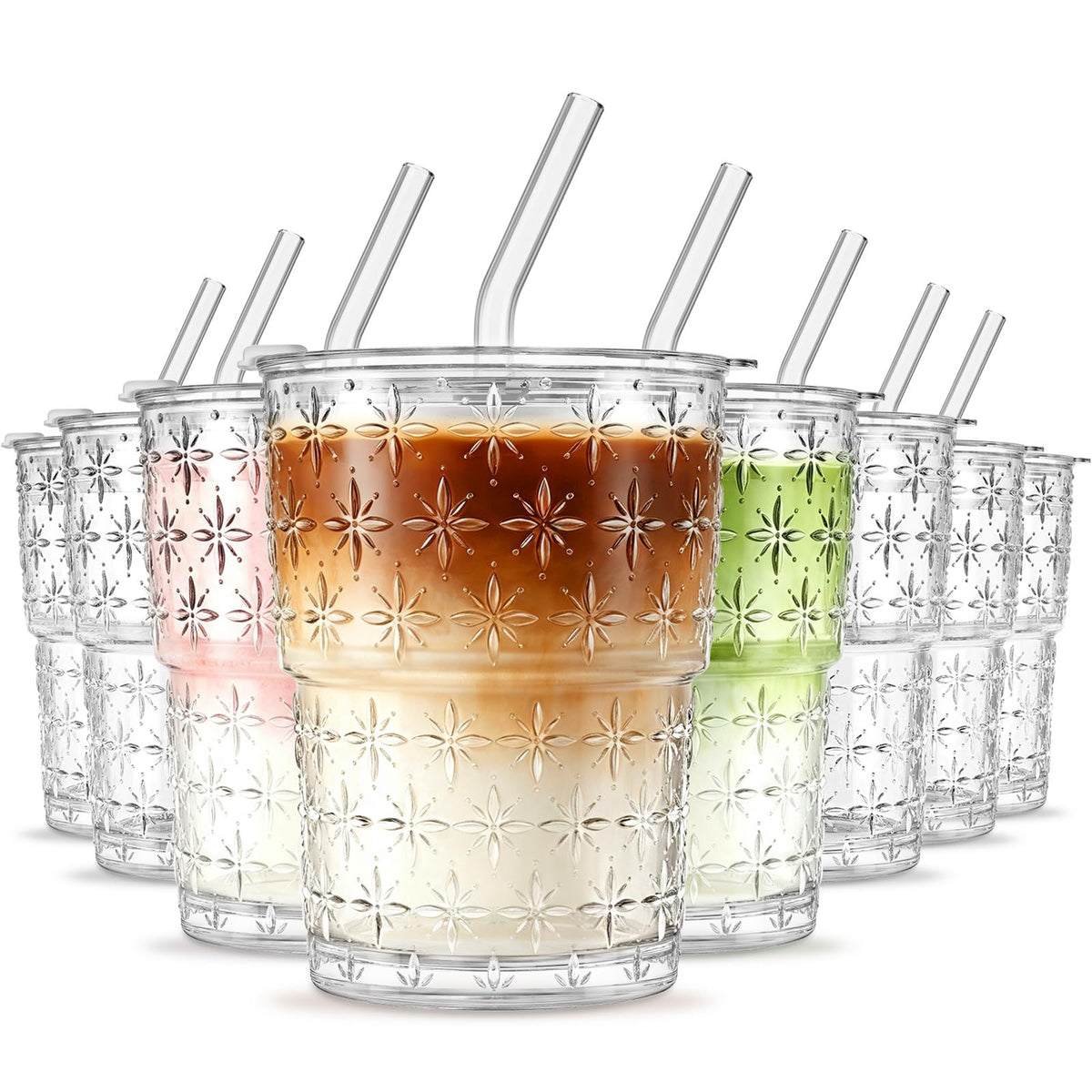 INSETLAN 20 oz Iced Coffee Cups with Lids and Straw, Set of 4 Glass Tumbler