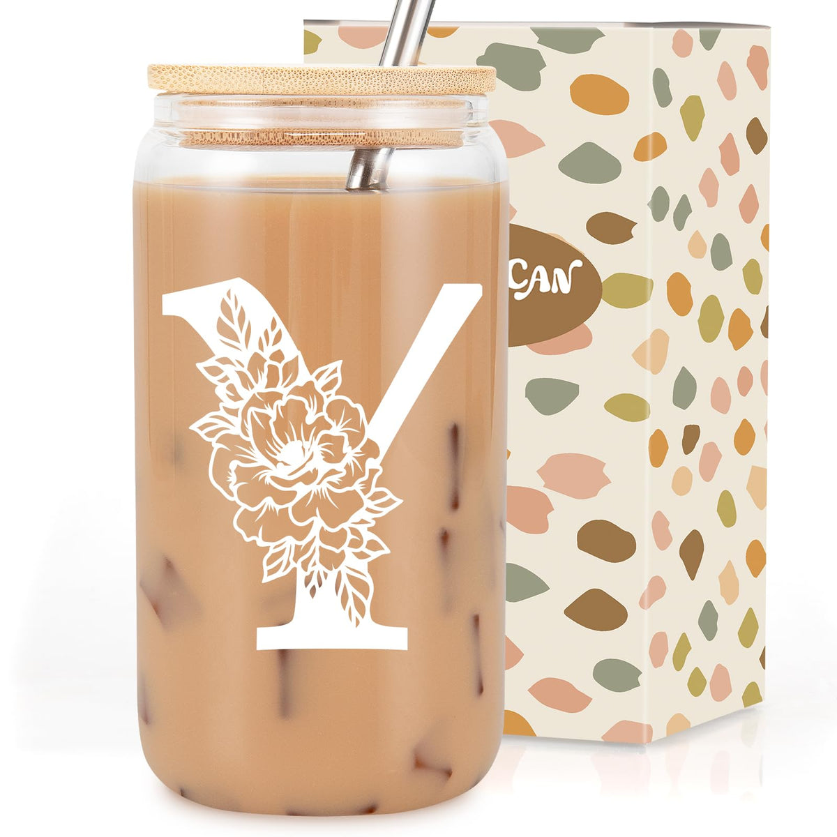 Coolife Initial Glass Cup, Monogrammed Gifts for Women, 16 oz Tumbler w/Lid