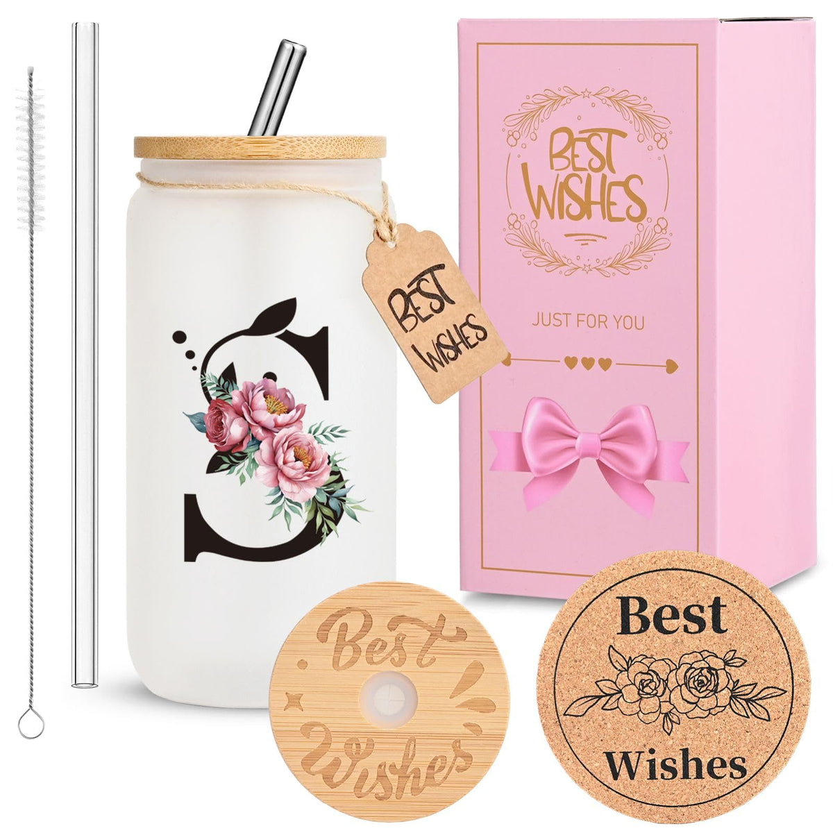 16oz Monogrammed Glass Tumbler, Frosted with Lid and Straw, Initial F