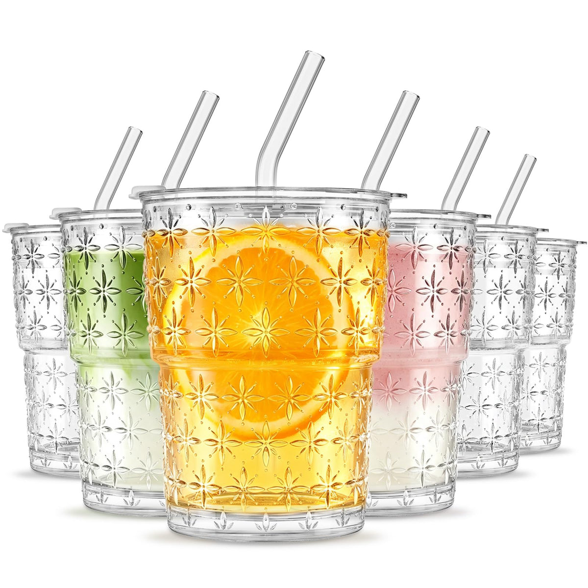 INSETLAN 20 oz Iced Coffee Cups with Lids and Straw, Set of 4 Glass Tumbler