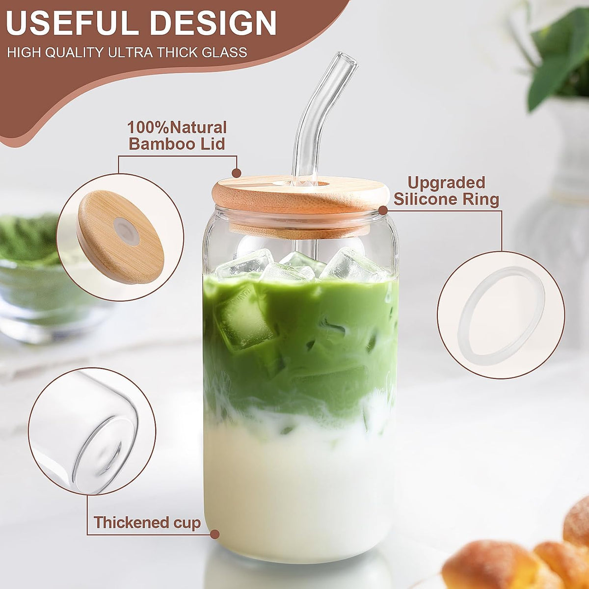 Iced Coffee Cups with Lids,Glass Cups with Lids and Straws,2 Coffee Tumbler
