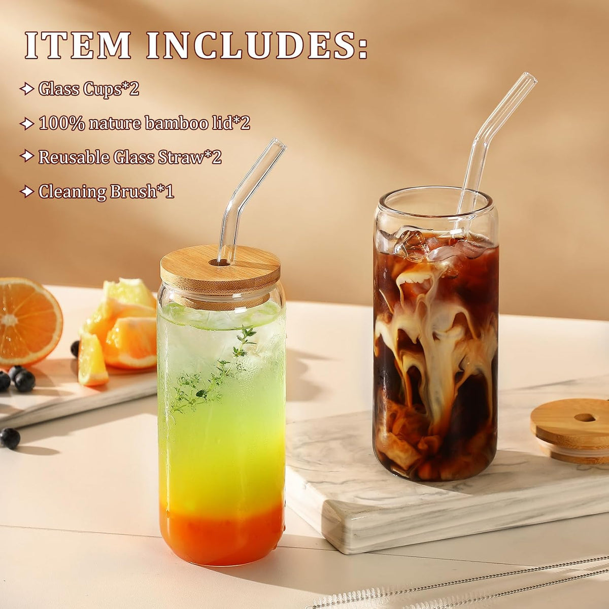 VITEVER 20 OZ Glass Cups with Bamboo Lids and Glass Straw - Beer Shaped Drinking Glasses Set, Iced Coffee Glasses, Cute Tumbler Cup, Aesthetic Coffee Bar Accessories, Gift - 2 Pack