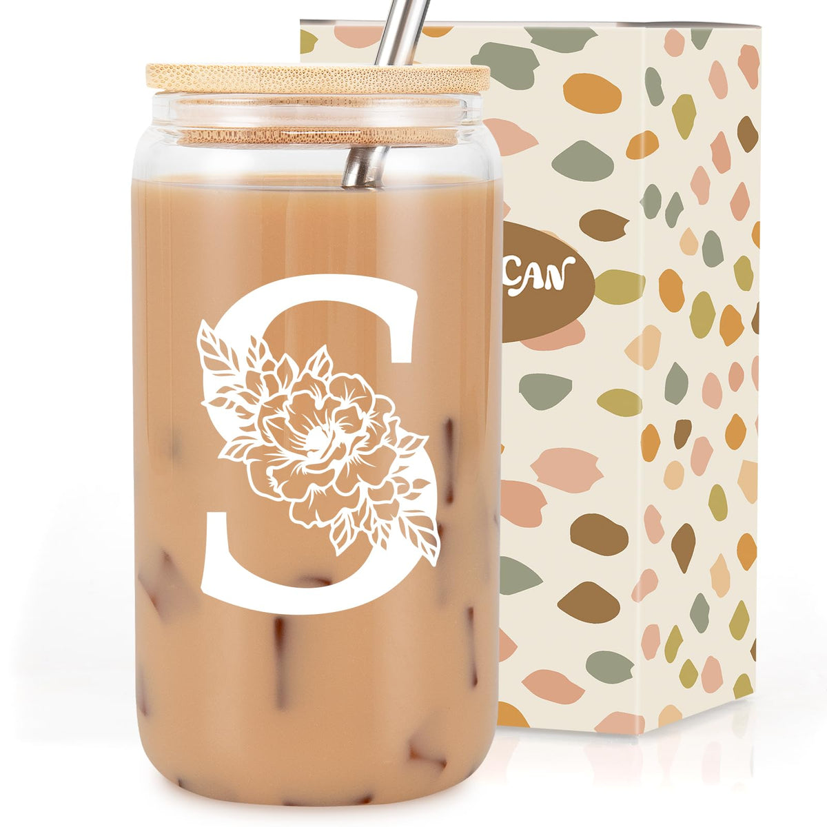 Coolife Initial Glass Cup, Monogrammed Gifts for Women, 16 oz Tumbler w/Lid