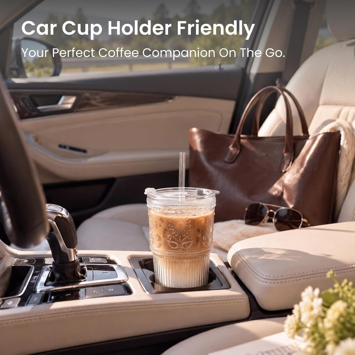 INSETLAN 20 oz Iced Coffee Cups with Lids and Straw, Set of 4 Glass Tumbler