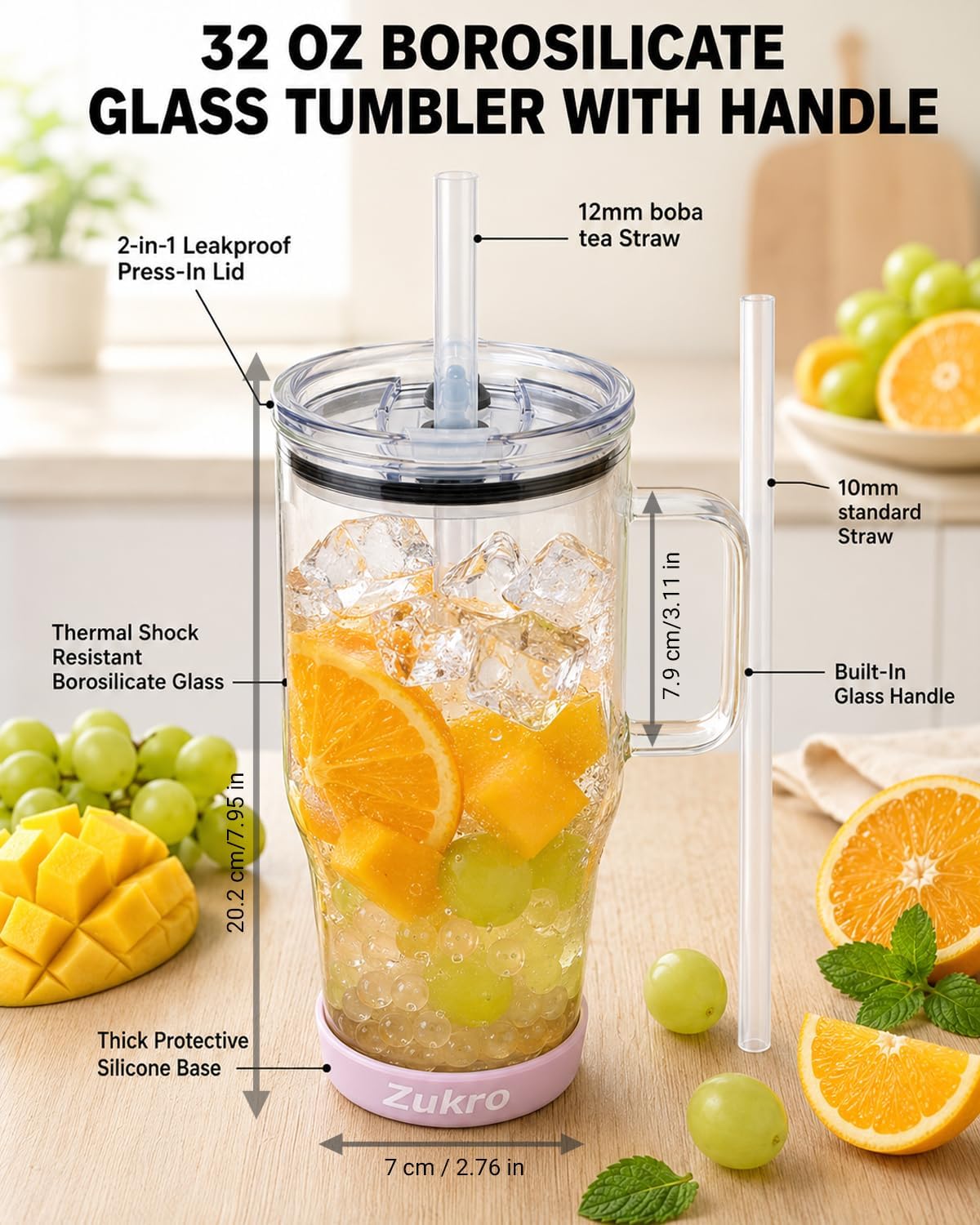 Zukro 32 oz Glass Water Tumbler with Handle & Straw, 2-in-1 Leak Proof Lid