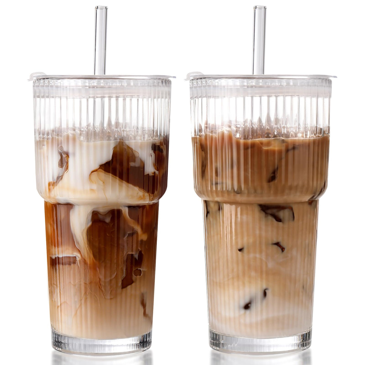 Iced Coffee Cups with Lids,Glass Cups with Lids and Straws,2 Coffee Tumbler