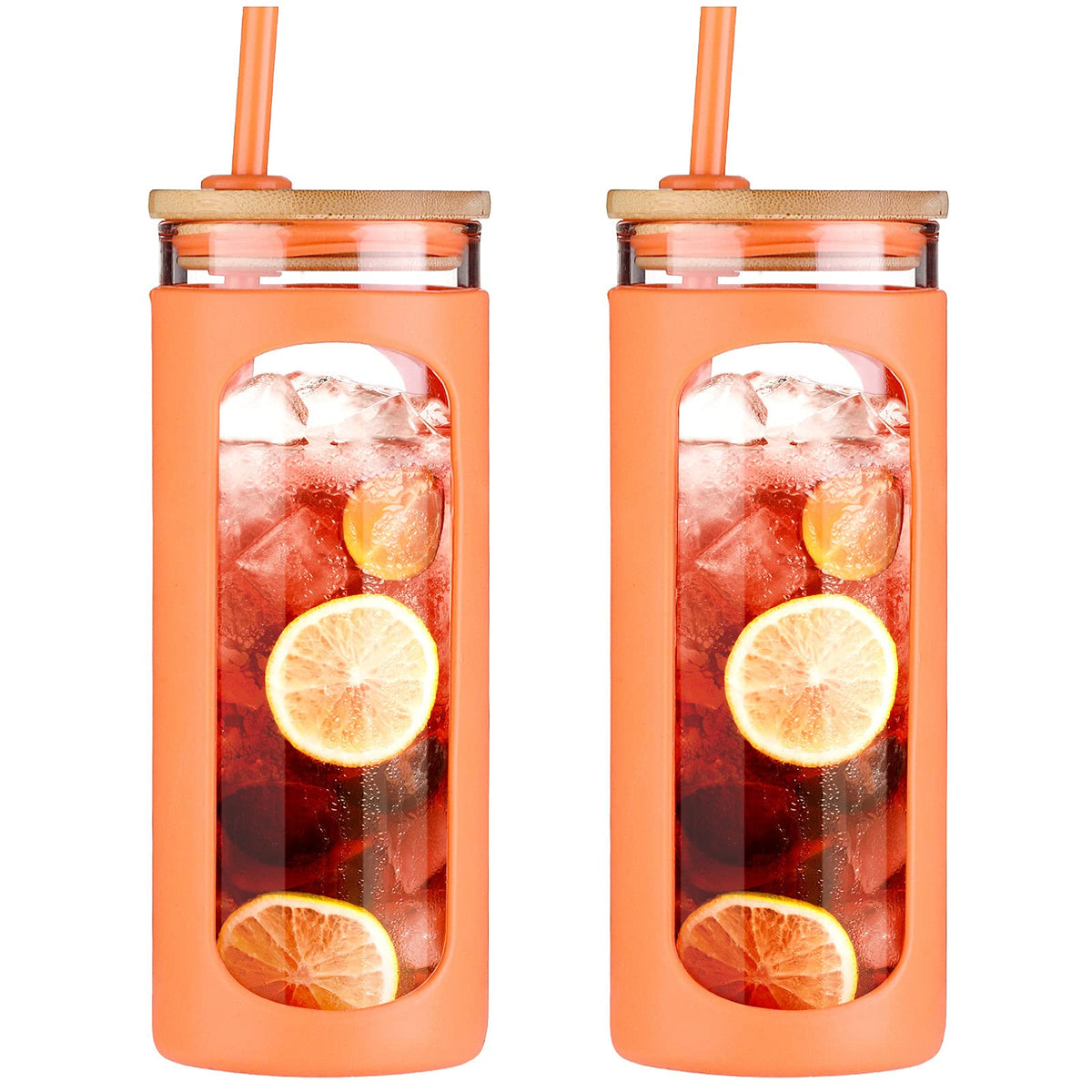 Kodrine 20oz Glass Water Tumbler with Straw and Lid, Bamboo Lids Water Bottle, Iced Coffee Cup Reusable, Wide Mouth Smoothie Cups with Protective Silicone Sleeve BPA FREE-Amber