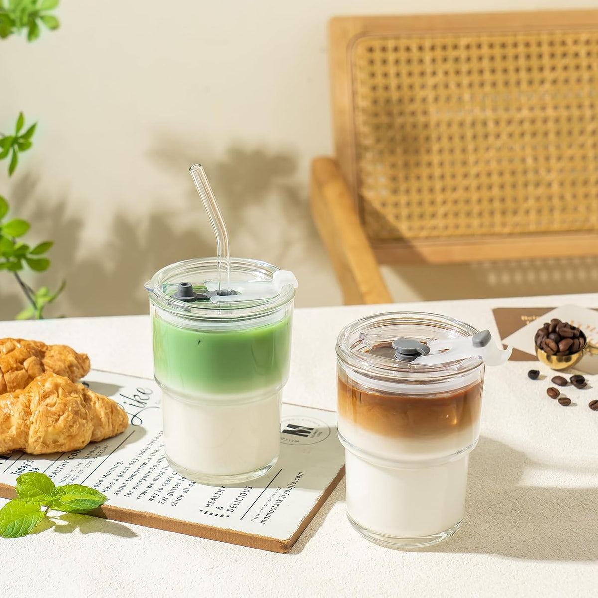 Olvini 13oz Glass Tumbler with Straw and Lid, Reusable Iced Coffee Cup Tumbler, Cute Glass Cups for Water, Matcha, Travel Coffee Mugs (Clear)
