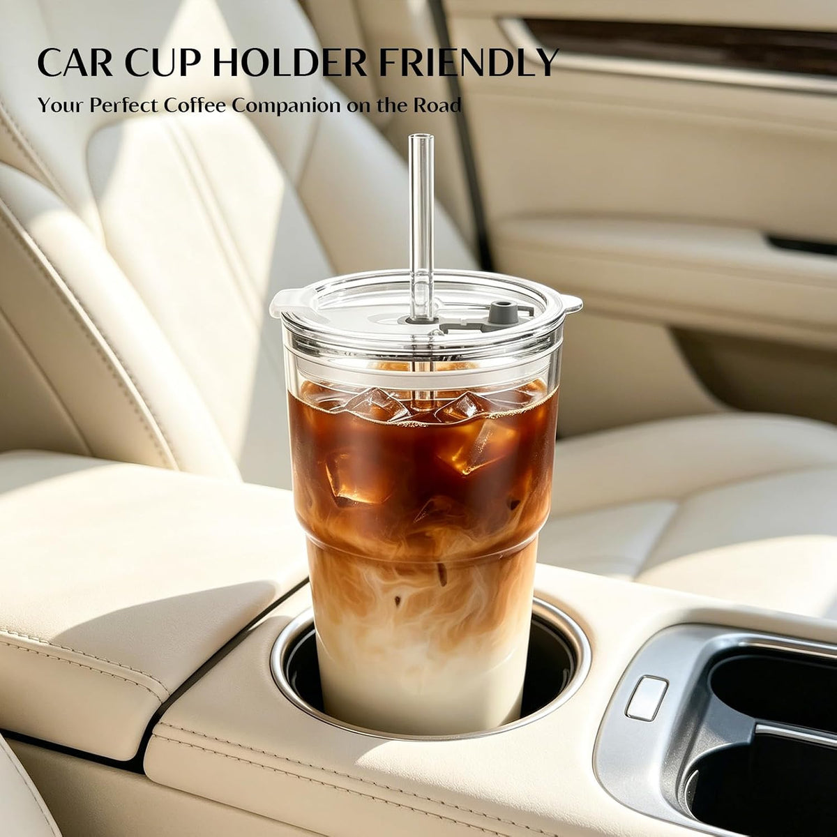 INSETLAN 20 oz Iced Coffee Cups with Lids and Straw, Set of 2 Glass Tumbler