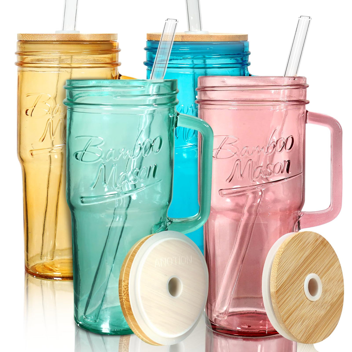 ANOTION Glass Cups With Lids And Straws, Leakproof Tumbler 24oz Mason Jar Coffee Cup, Cap Cup Leak-Proof, Silicone Straw, Reusable Iced Coffee Smoothie Matcha Cup Aesthetic Coffee Gifts Women 2pc
