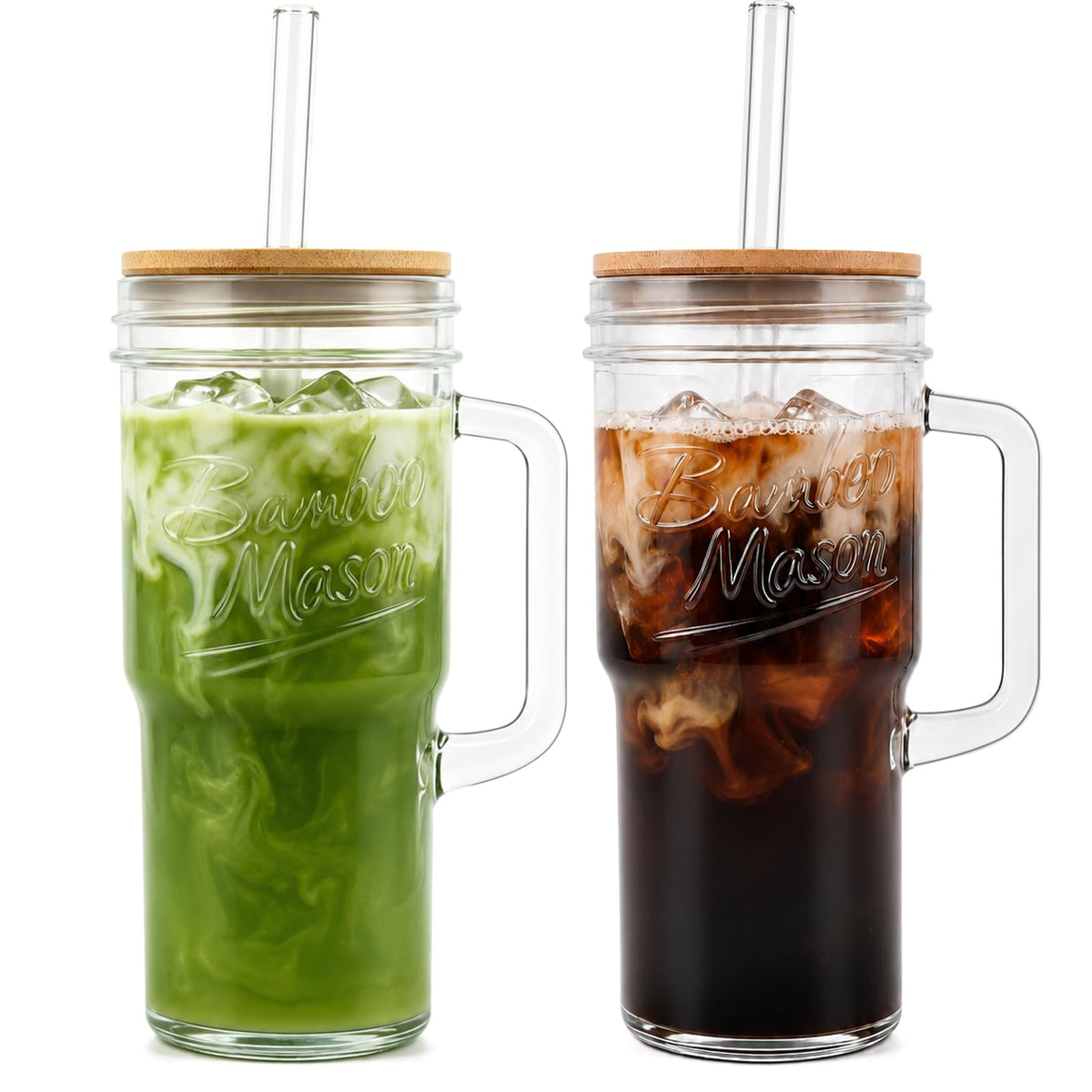 ANOTION Glass Cups With Lids And Straws, Leakproof Tumbler 24oz Mason Jar Coffee Cup, Cap Cup Leak-Proof, Silicone Straw, Reusable Iced Coffee Smoothie Matcha Cup Aesthetic Coffee Gifts Women 2pc