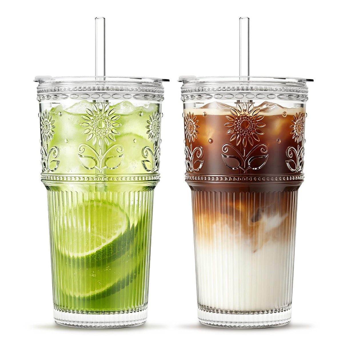 INSETLAN 20 oz Iced Coffee Cups with Lids and Straw, Set of 4 Glass Tumbler