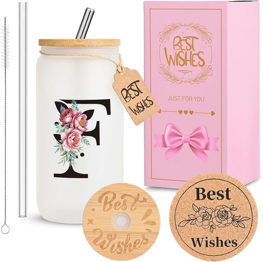 16oz Monogrammed Glass Tumbler, Frosted with Lid and Straw, Initial F