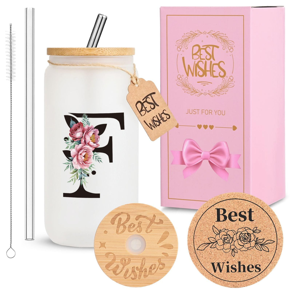 16oz Monogrammed Glass Tumbler, Frosted with Lid and Straw, Initial F