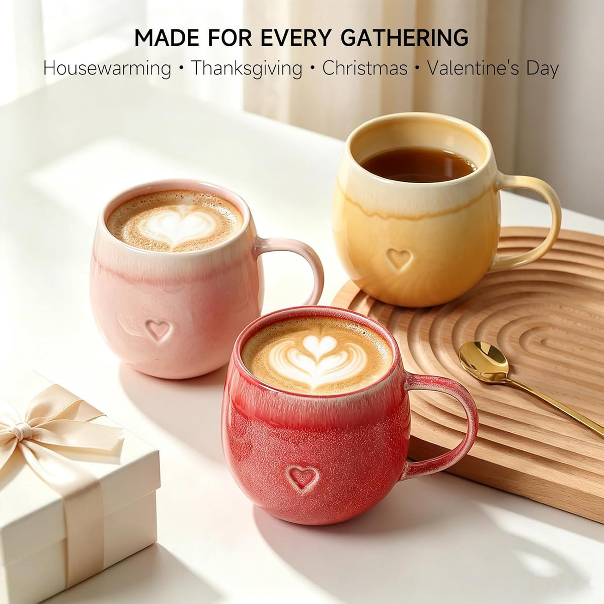 Stoneware Coffee Mugs Set of 4, 12oz Hand-Painted Coffee Cups with Handle