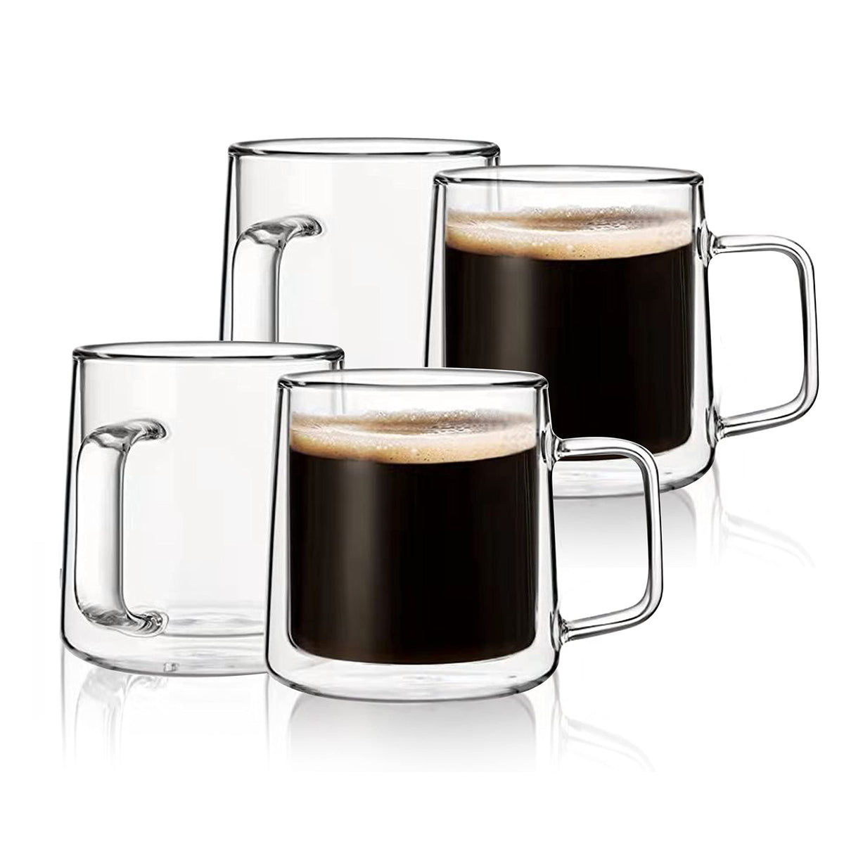 CNGLASS 10oz Glass Coffee Mugs,Double Wall Insulated Glass Mugs with Handle,Clear Espresso Mug for Latte,Cappuccino,Tea Bag,Set of 2