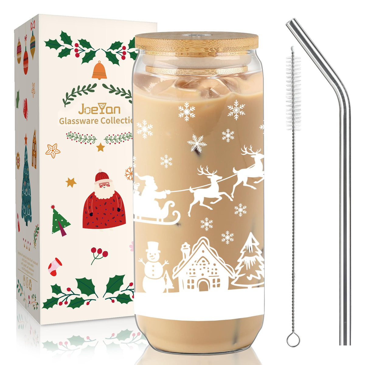 Joeyan Pink Halloween Glass Cups, Glass Tumbler with Lids and Straws, Cute Ghost Pumpkin Iced Coffee Cup, Reusable Soda Can Shaped Smoothie Drinking Glass, Halloween Gifts for Women, 20 oz