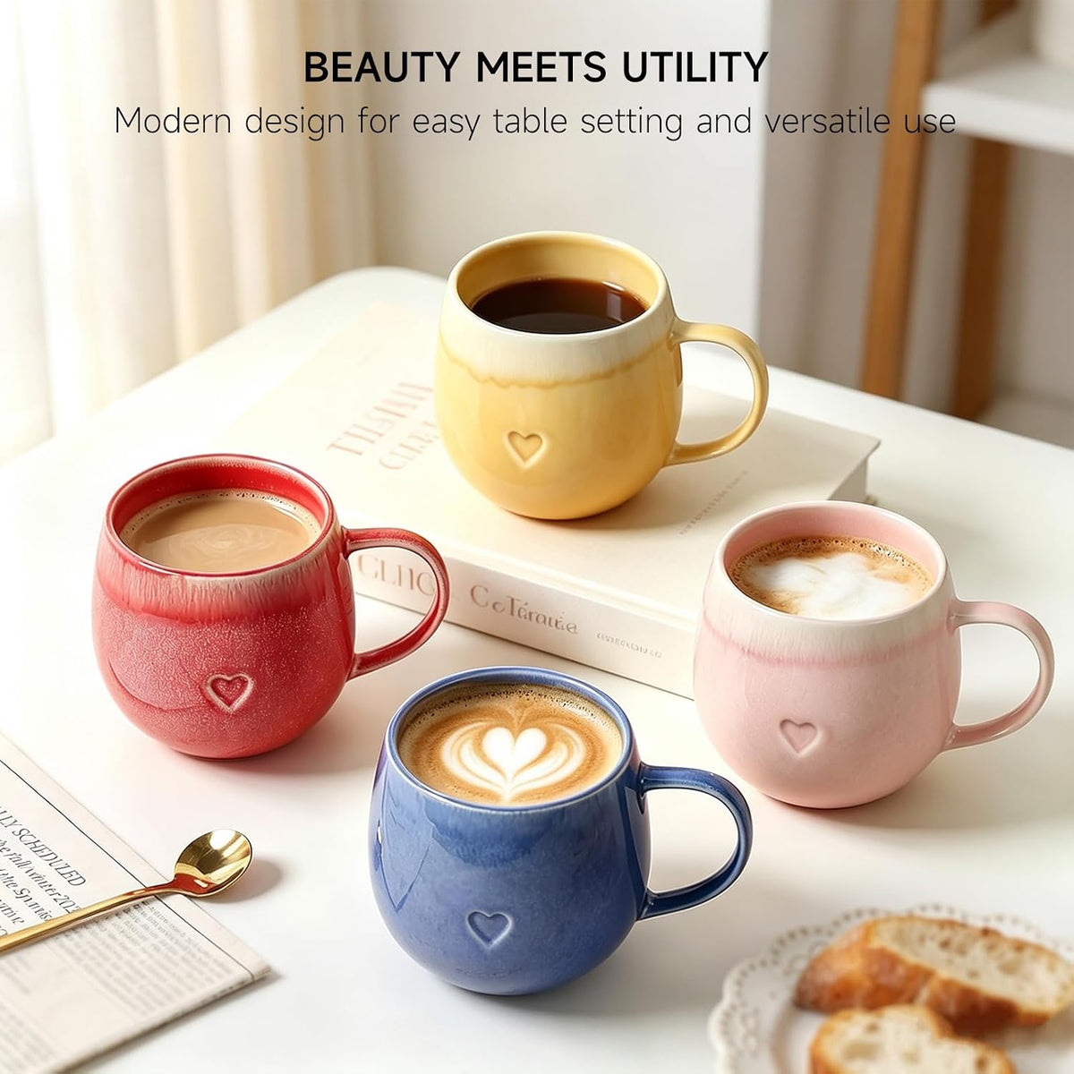 Stoneware Coffee Mugs Set of 4, 12oz Hand-Painted Coffee Cups with Handle