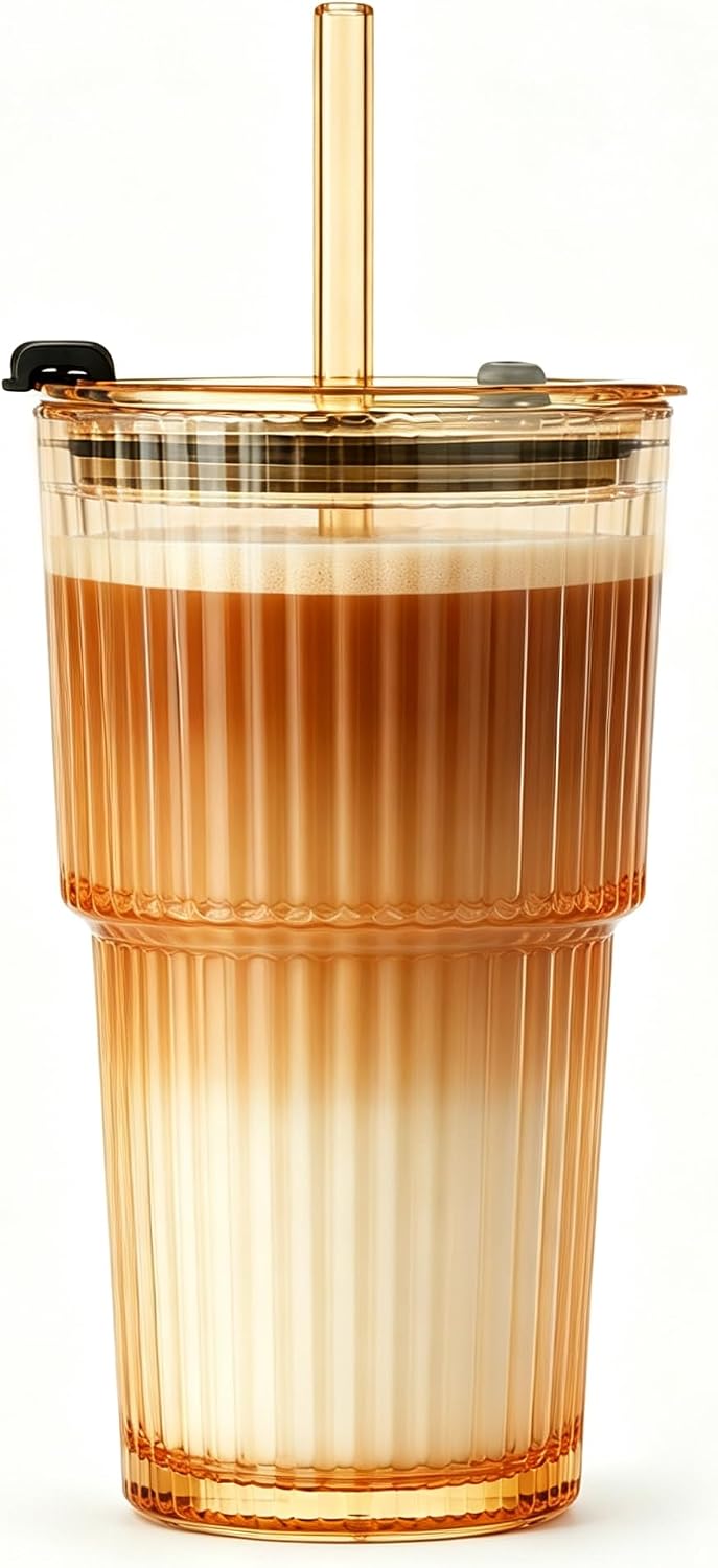 20oz Iced Coffee Cup, Ribbed Glass Tumbler with Straw and Lid