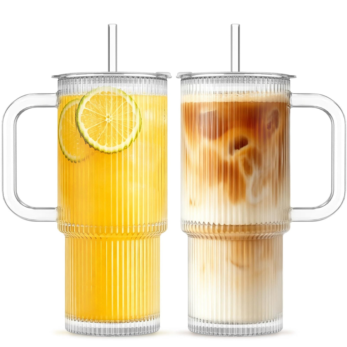 INSETLAN 24 oz Ribbed Glass Tumbler with Handle, 2-Pack Iced Coffee Cups