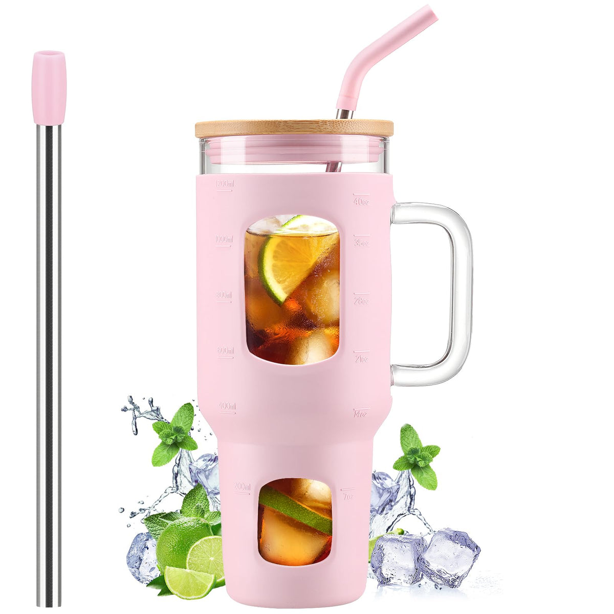 WINSA Glass Tumbler with Straw and Lid, 40 oz, Olive