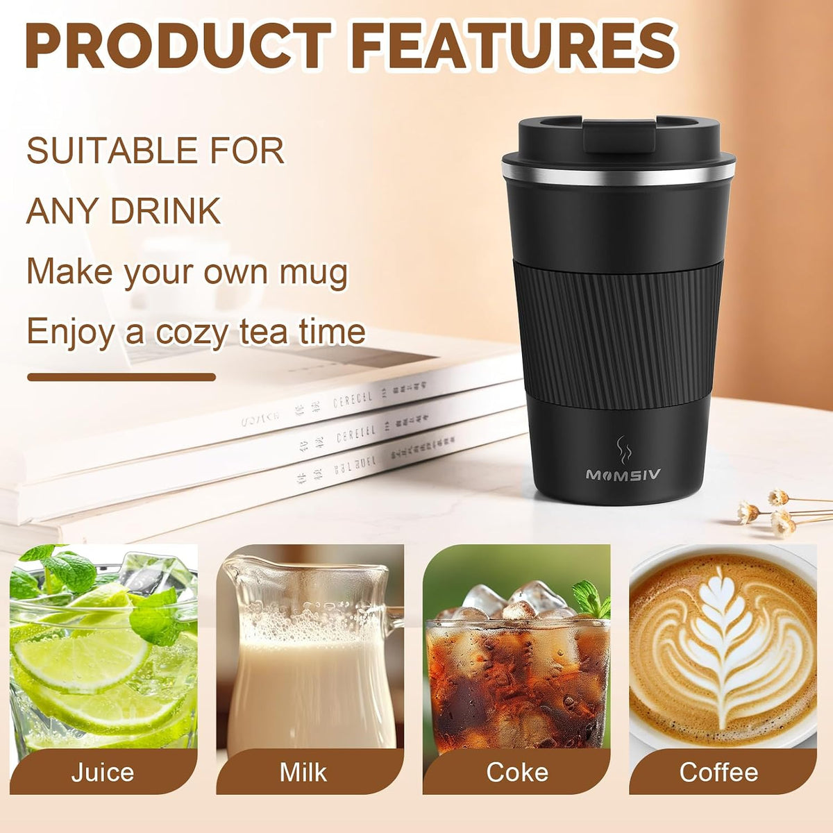 MOMSIV 12oz Travel Coffee Mug, Insulated Coffee Cup with Leakproof Lid