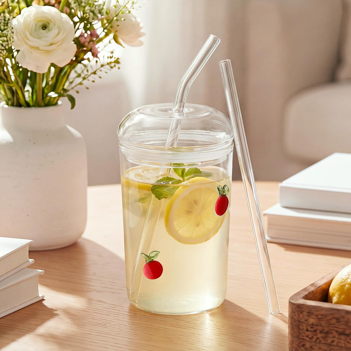Rtteri Glass Cup with Dome Lid and Straw 17oz Apple Icon Juice Cute Tumbler