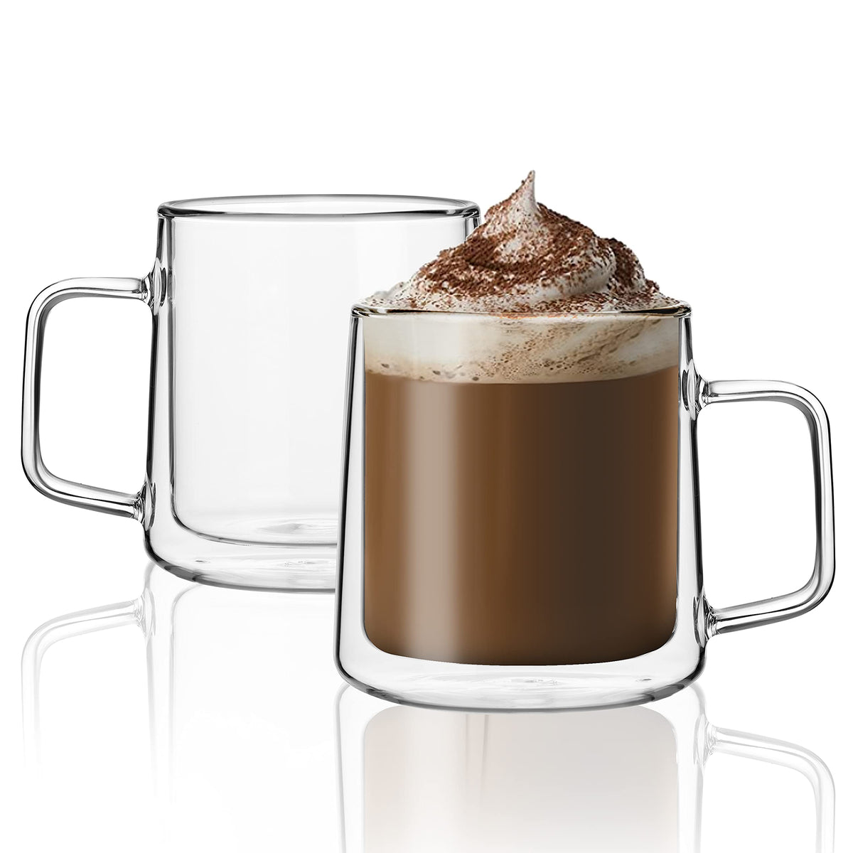 CNGLASS 10oz Glass Coffee Mugs,Double Wall Insulated Glass Mugs with Handle,Clear Espresso Mug for Latte,Cappuccino,Tea Bag,Set of 2