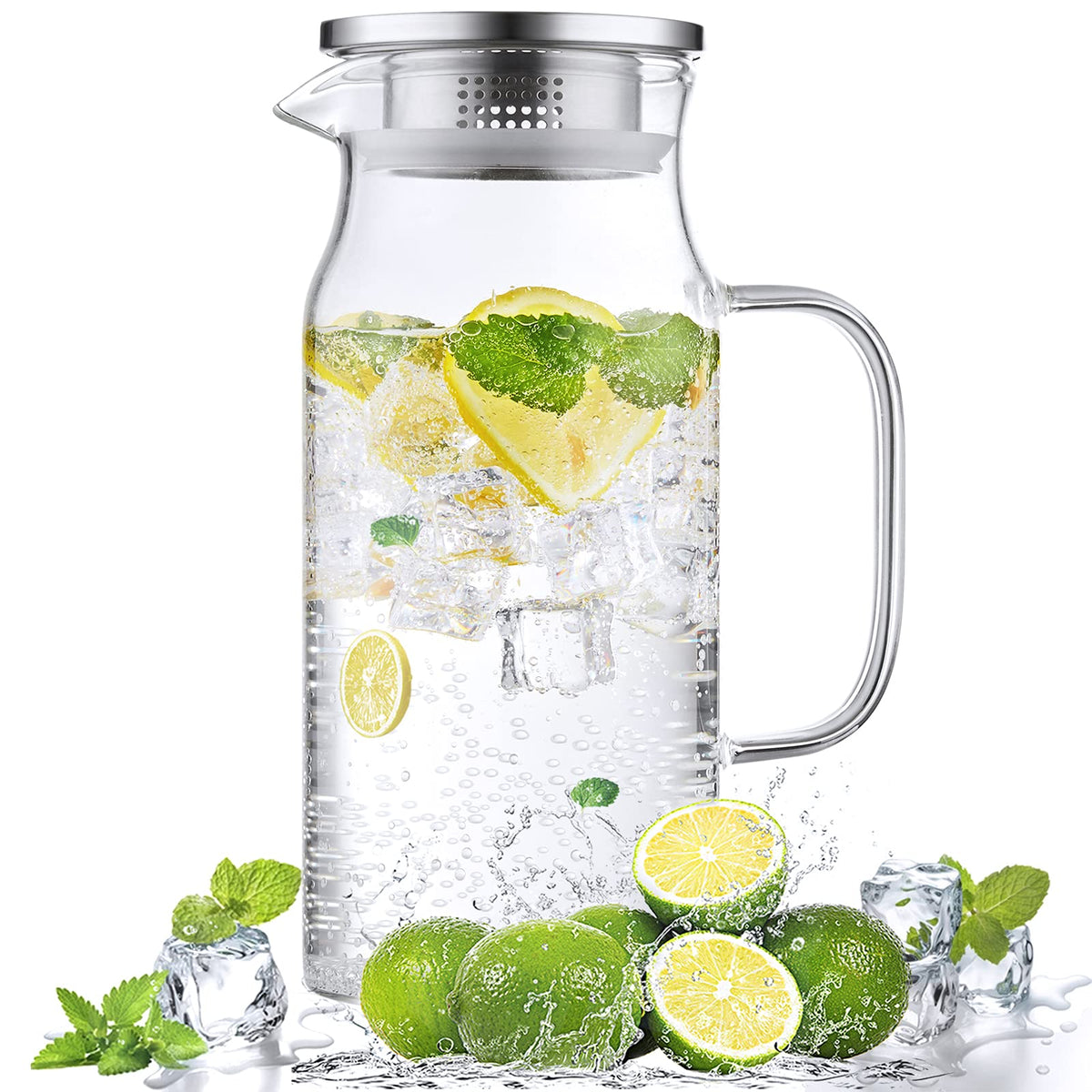 Bivvclaz 2 Liter 68 oz Glass Pitcher with Lid and Handle, Glass Carafe for Hot/Cold Water, Large Iced Tea Pitcher for Coffee, Juice and Homemade Beverage