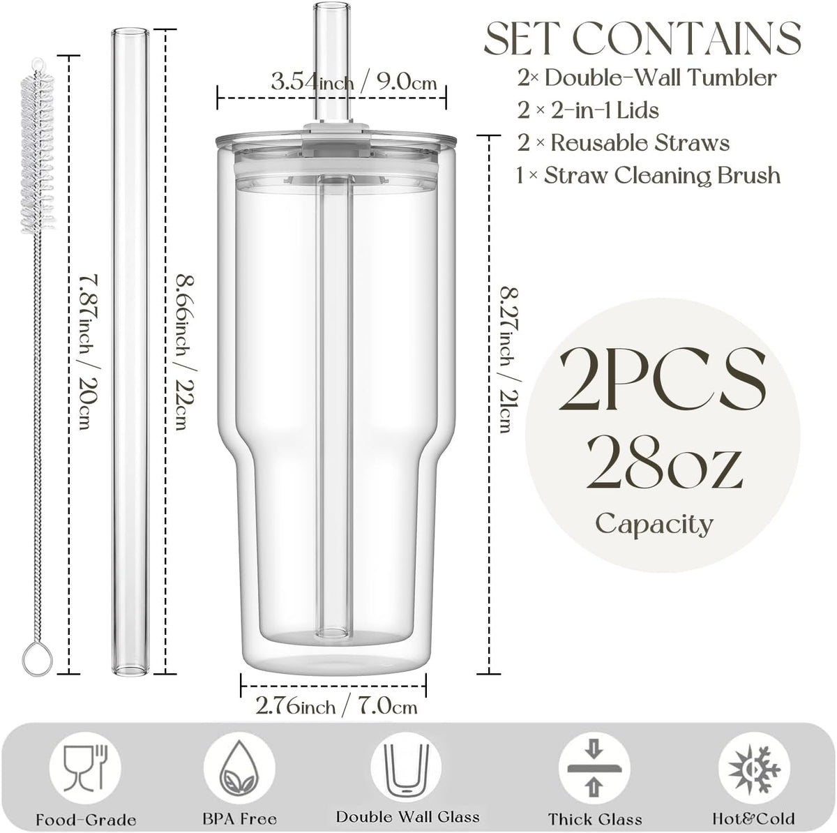 KEMORELA 28 oz Double Wall Glass Tumblers Set of 2, Extra-Wide 13mm Reusable Drinking Straws, Boba Tumbler, Wide-Mouth Water Cups for Iced Coffee, Smoothies, Boba & Tea Lovers (Clear)